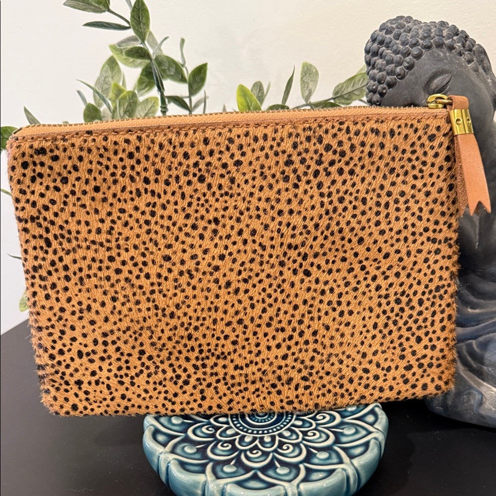 Madewell Tan and Black Cheetah Print Leather Zip Clutch